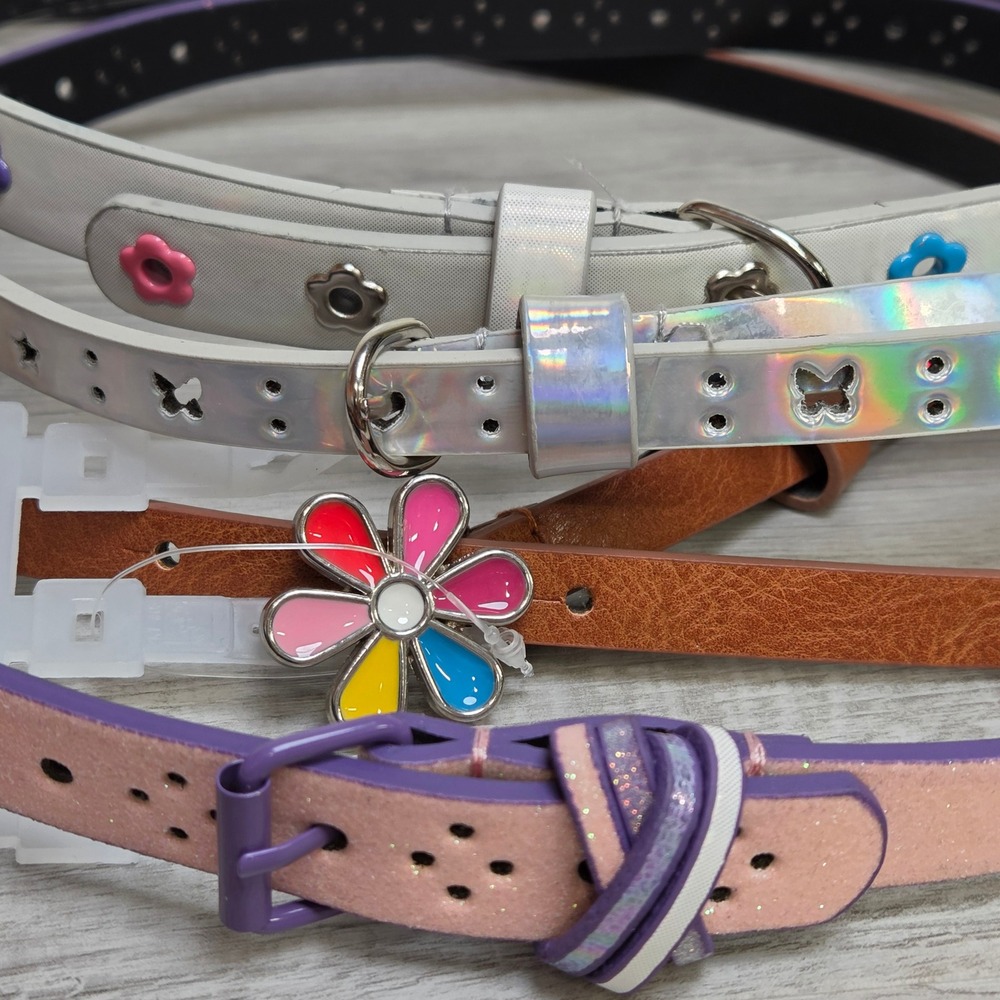 Girls Skinny Belt Set 4pc Multicolor Flower Heart Butterfly Glitter Holographic